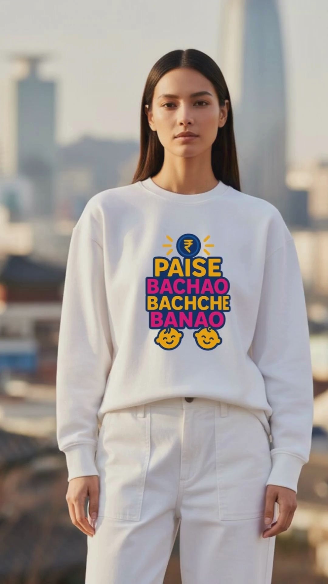 Video of a woman showcasing white oversized sweatshirt having design of Paise Bachao Bachhe Banao 